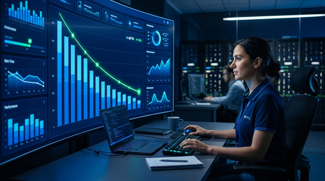 Automated Incident Response for DevOps 2 A conceptual illustration of a DevOps engineer looking at a glowing dashboard that displays dropping MTTR metrics.
